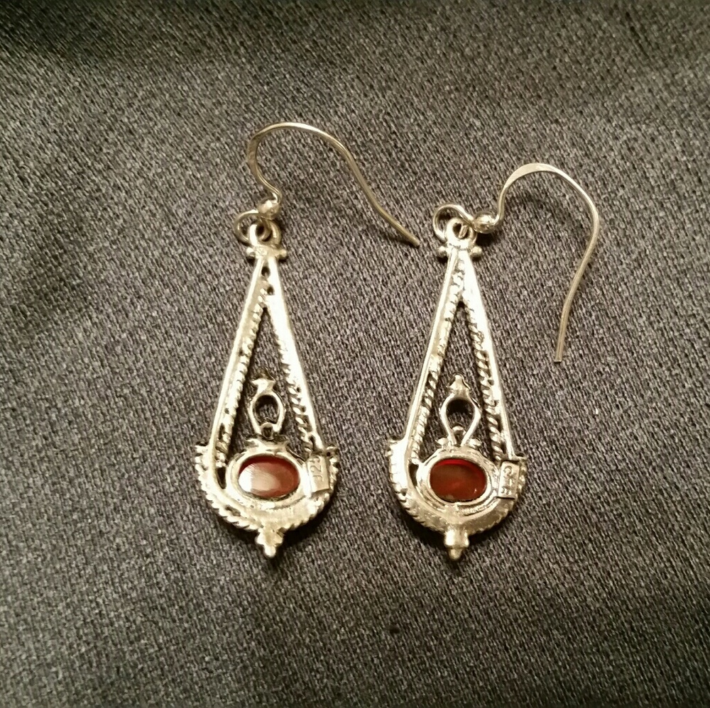 925 Silver Filigree Carnelian Hook Earrings - Picture 4 of 6